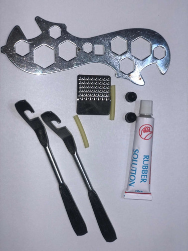 Kit Reparación Bicicleta Parche Gomines Saca Cubierta Llave Multiuso Para Sacar La Rueda