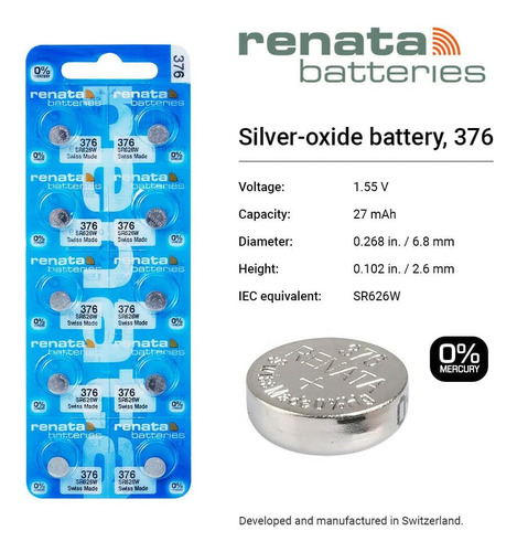 Renata 376 Sr626w Baterías 1.55 V Óxido De Plata 376 Bater