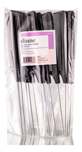 Comb Diane Pin Tail De 8 Pulgadas (12 Unidades), Color Negro