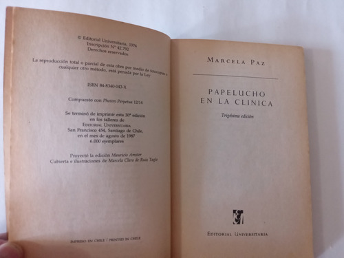 Libro Papelucho En La Clinica/ Marcela Paz. Edic. 1987 (Usado)