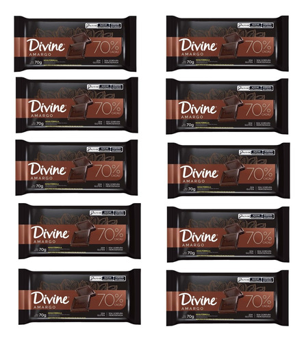 10 Barras Chocolate Sem Glúten Amargo 70% Cacau Divine 70g