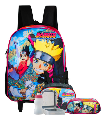 Mochila De Rodinhas Boruto + Estojo + Kit Lancheira Naruto