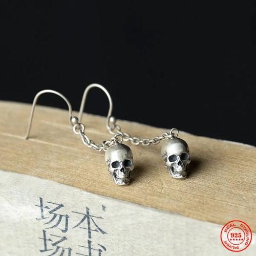 Aretes Colgantes Craneos Calaveras Con Cadenas Plata S925