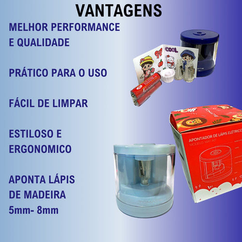 3u Apontador Elétrico A Pilha Lápis Comum C/ Depósito C/azul