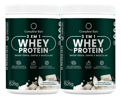 Kit 2 Complete Bari Whey 3 Em 1 Sabor Baunilha Com Chocolate Branco