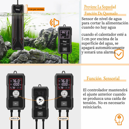 Hygger Calentador Para Peceras Con Controlador Led Digital Y Función De Memoria Inteligente Del Sistema De Calefacción De Parada Automática Por Salida De Agua Para Agua Dulce Y Salada 1000W
