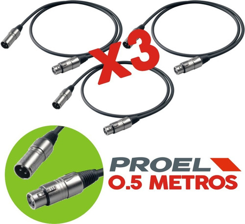 Kit 3 Cables Xlr Proel Bulk250lu05 Dmx Xlr 50 Cm La Roca