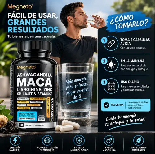 Megneta Con Maca Para Hombre, Ashwagandha Y L-arginina 60u | Cuotas sin interés