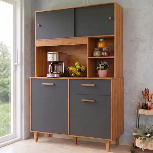 Armário De Cozinha Completa Compacta Dália 5 Portas 1 Gaveta Blue Moby Com Balcão Paneleiro Cinza/nature