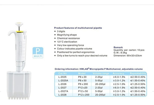 Imagen 2 de 3 de Micropipeta Multicanal 8 Canales De 20-200ul Hwlab P8x200