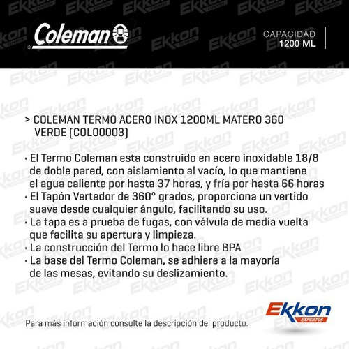 Termo De Acero Inoxidable Coleman 1,2 L Matero 360 Verde