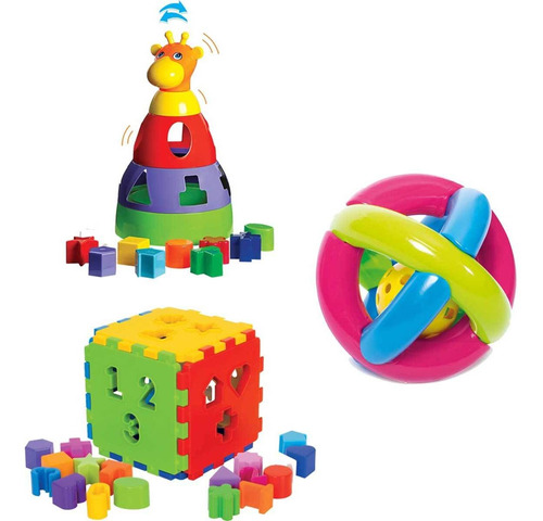 Kit De Brinquedos Educativos Girafa + Cubo + Bola