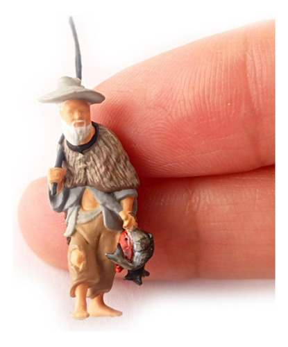 Miniatura 1/87 Pintado Chinês Figuras Homem Pescador Cinza
