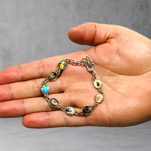 Pulseira Proteção Santos Católicos Em Níquel Prateada E Resinada