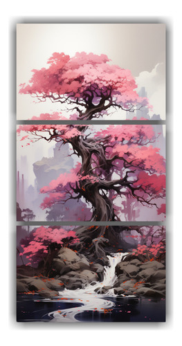 30x60cm Pintura Abstracta Árbol Bonsái Negro Y Rosa Flores