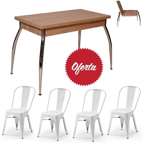 Juego De Comedor Mesa Extensible Madera Sillas Blancas Promo