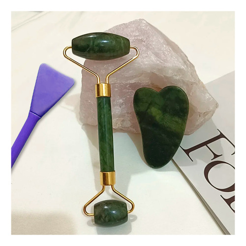Set De Cuidado Facial Diler 3pzs Con Rodillo Para Masaje Piedra Gua Sha Y Espátula De Silicón Color Morado 2 En 1 Reutilizable Fácil De Usar Y Apto Para Todo Tipo De Piel Ideal Para Skincare Diario
