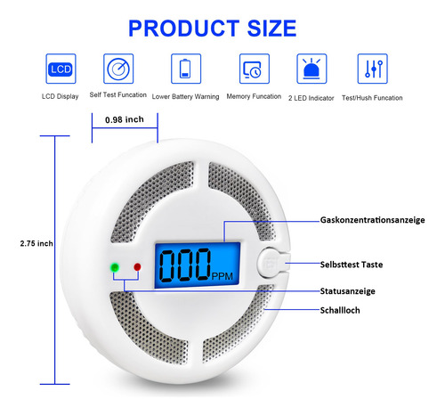 Detector De Monoxido De Carbono Portatil Con Pantalla Led