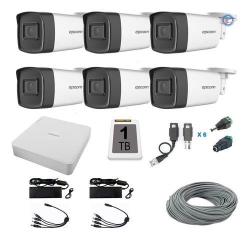 Kit 6 Camaras Epcom 2 Mpx Cctv 1 Tb Dvr 8 Ch 1080p 150 Cable Color Blanco