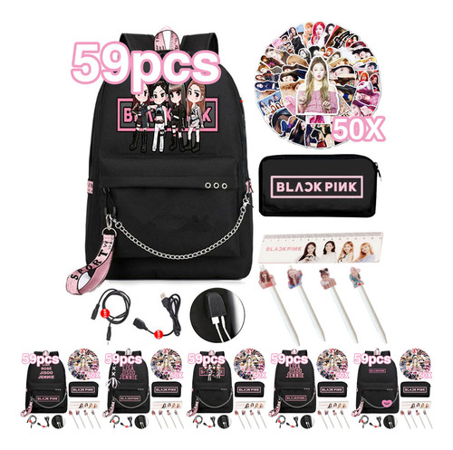 59 Mochilas De Color Negro/rosa, 50 Pegatinas, Estuche Para