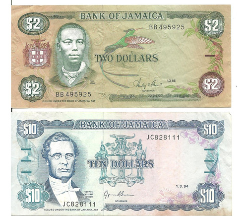 Jamaica: 2 Billetes 10 Y 2  Dólares 1986/ 1994 ¡muy Bueno!