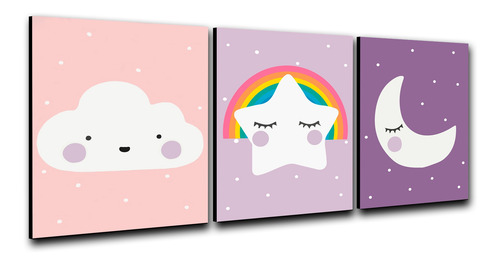 Imagen 2 de 3 de Triptico Cuadros Niños 40x30 Cms Set28 Nube Luna Estrella