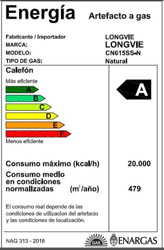 Imagen 2 de 2 de Calefón Longvie Tiro Natural Pilotless 14.5 Litros Cn615ss-n