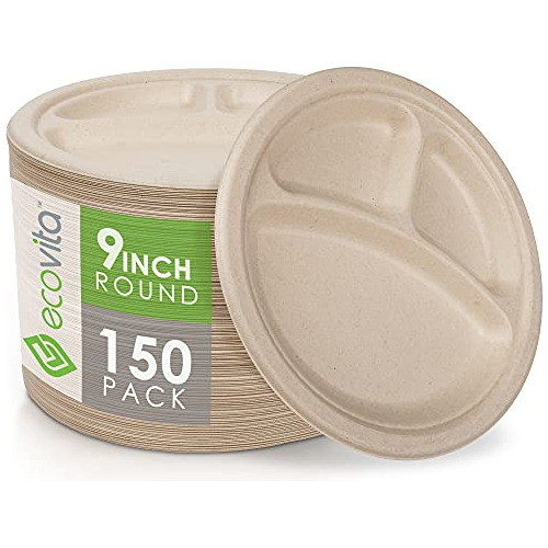 100% Compostable Paper Plates [9 In.] Compartments 150 ...