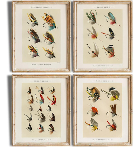 Impresiones De Arte De Pesca Mosca Vintage (set De 4)  ...