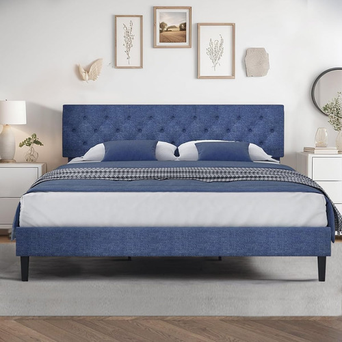 Base De Cama King Size Hombck Tapizada Tela De Lino Azul