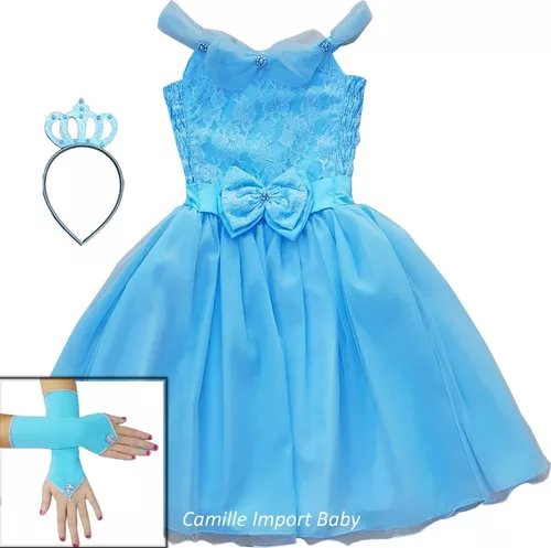 Fantasia Vestido Cinderela Infantil Luxo Com Coroa E Luvas