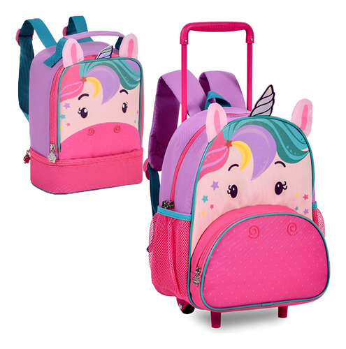 Kit Mochila Escolar Infantil C/ Rodinhas + Lancheira Térmica