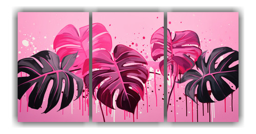 240x120cm Conjunto 3 Cuadros Impreso Visión Monstera Rosa N