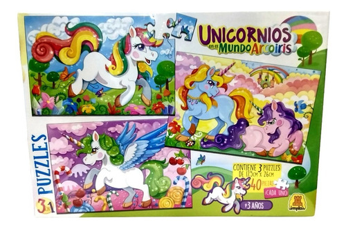 Puzzle 3 En 1 - Unicornios En El Mundo Arcoiris - Implas