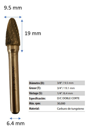 Lima Rotativa Carburo Tungs, Tipo Sf-3dc 3/8x3/4x1/4x2-1/2