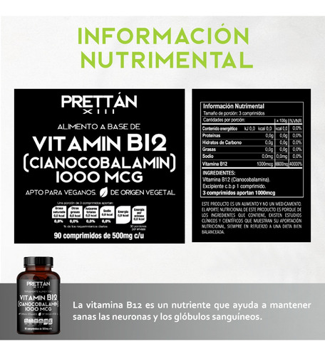 Vitamina B12 Suplemento 90 Caps 1000 Mcg Prettan