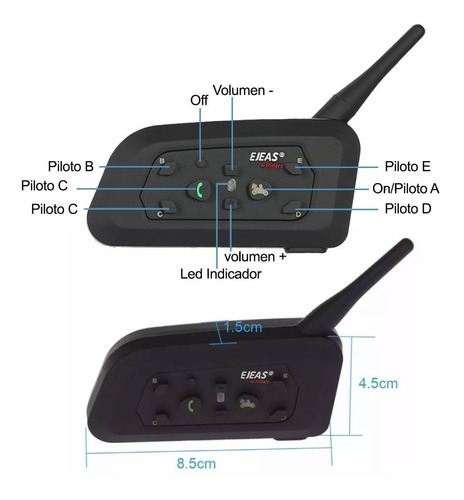 Intercomunicador Moto Ejeas Bluetooth 1200mts 6 Pilotos Negro V6-PRO-INTERCOM