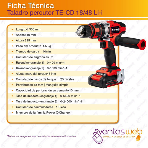 Imagen 5 de 6 de Taladro Atornillador Percutor Bateria 18v Einhell Te-cd18-48
