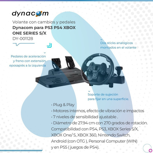 Imagen 2 de 9 de Volante Dynacom Con Cambios Y Pedales Dy-001128
