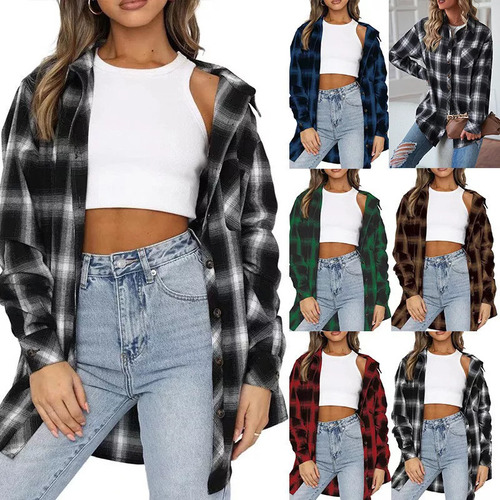 Camisa Mujer A Cuadros Rayas Patchwork Con Cuello Camisero