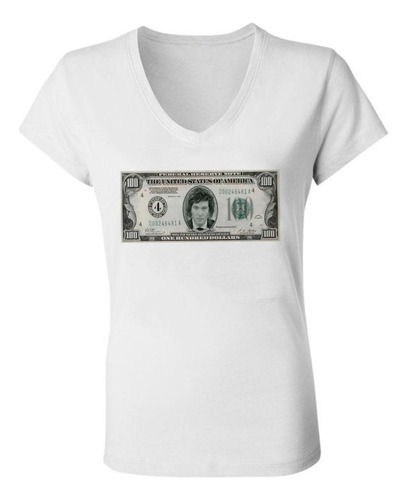 Remera Mujer Escote V Spun Milei Presidente Dolar