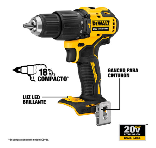 Taladro Percutor Atomic 1/2' 20v + 2 Bat Dewalt Dcd709d2-b2 Color Amarillo