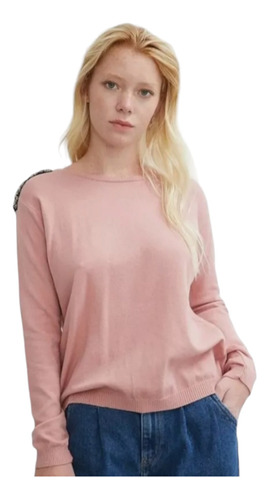 Sweater Importado Rosa  Apliques De Mostacillas En Hombros