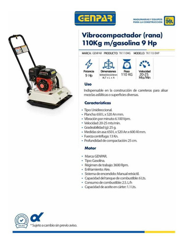 Imagen 2 de 7 de Vibro-compactadora Rana 110 Kg. 9 Hp, Motor A Gasolina .