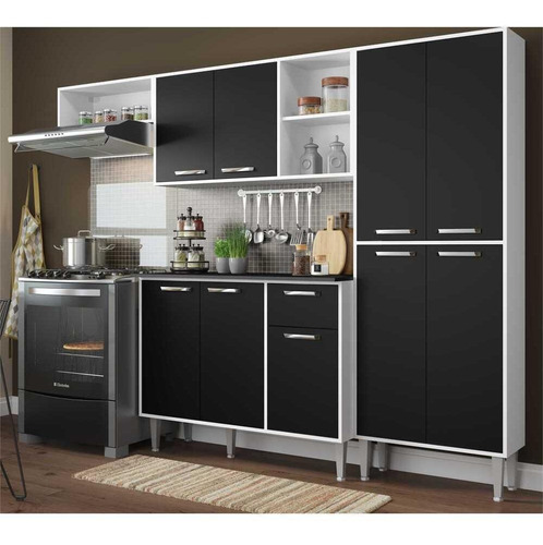 Cozinha Compacta Xangai 9 Portas Multimóveis Branco/preto Cor Branco Premium/Preto Acetinado Texturizado