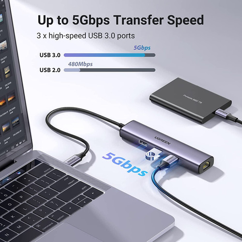 Adaptador 60600 Ugreen Ethernet Usb-c Com 3 Portas Usb 3.0
