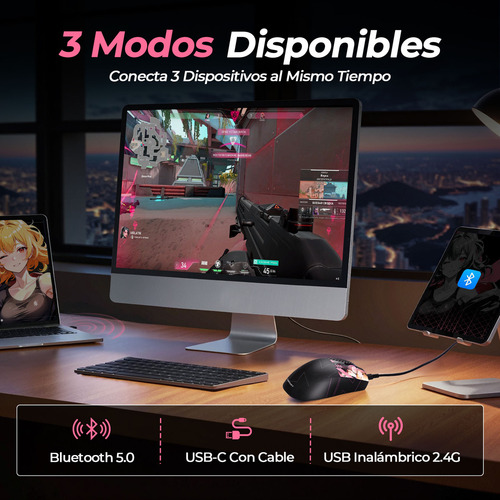 TERPORT X Haruka Mouse Gamer Inalámbrico 1KHz Sensor SG89250, IPS650, DPI 10000, Conexión BT/2.4G/Cableado, 5 Botones Programables, 51g Últra Ligero Profesional Para Juegos - SK95