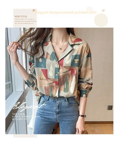 Camisa Casual Con Cuello De Manga Larga Estampada Para Mujer