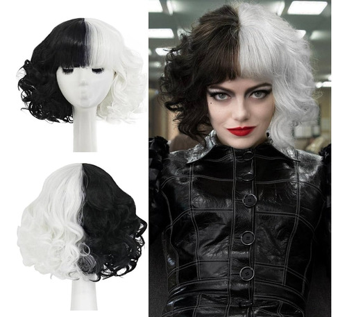 Peluca Cruella Blanco Con Negro Cruela Disfraz Halloween 