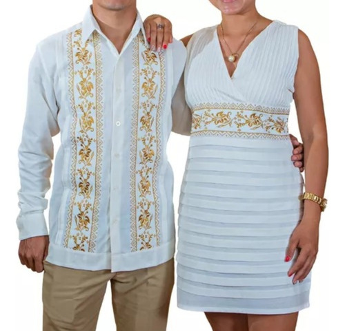 Dúo De Guayabera Y Vestido, Bordado De Flor De Calabaza